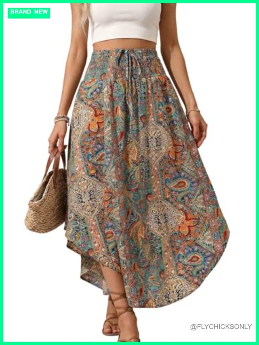 Women's Boho Maxi Skirt High Waist Pleated Flowy A-Line Summer Beach